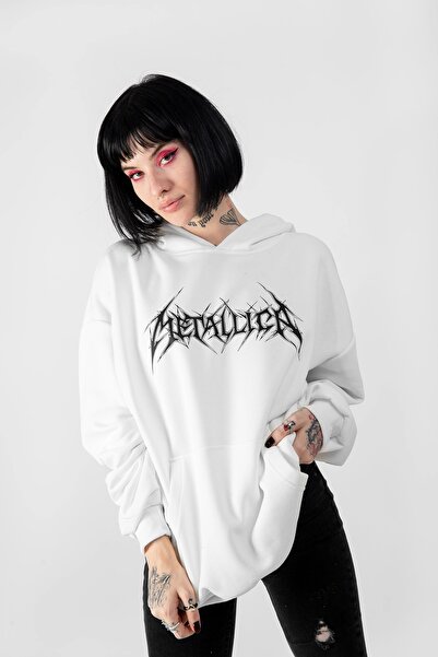 Bak Moda Metallica logo Štampano Oversize kroj unisex bela majica sa kapuljačom