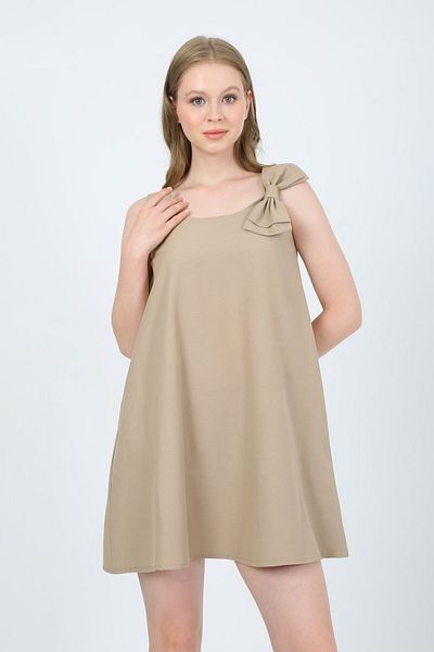 BELLA&BELLA Rochie de damă crem închis - decolteu rotund și detaliu fundă