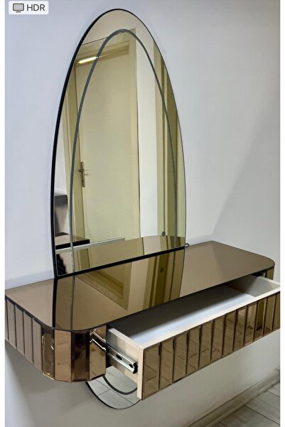 ERGLASS CAM Aynalı Ledli Raflı Dresuar Takımı ** Bronz Ayna Çekmeceli ** Dokunmatik Ledli 150x95 Cm Ayaksız