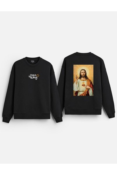 MODA Μαύρο φούτερ H.z Jesus Jesus Is King με στάμπα με λαιμόκοψη χωρίς κουκού...