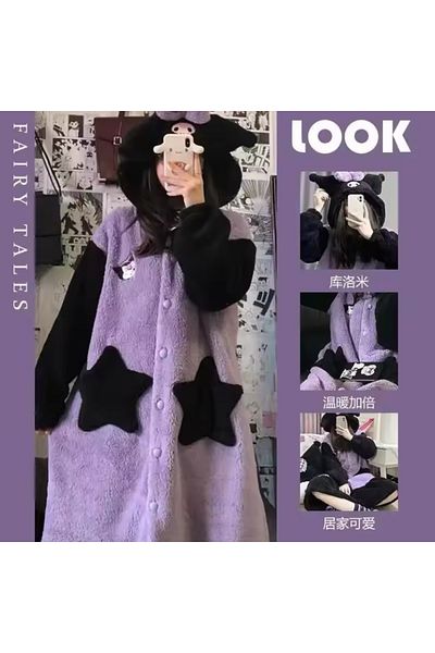 synshop Sanrio Kawai Kuromi - Σετ βελούδινη στολή γάτας από φλις, χαριτωμένο νυχτικό και παντελόνι