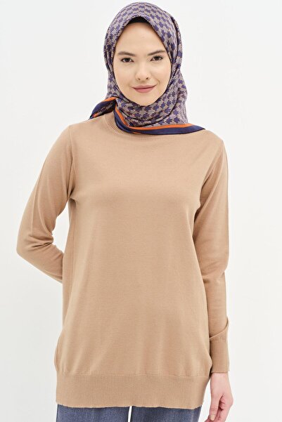 Tuğba Sıfır Yaka Basic Triko Kazak - Camel