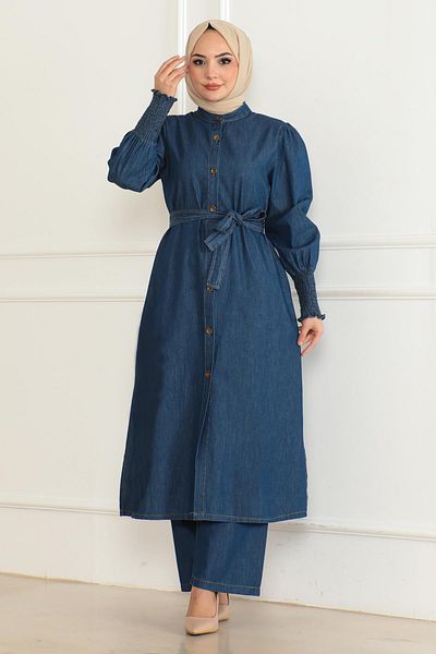 Modamihram Dark Blue Slit Jeans Set - 19227