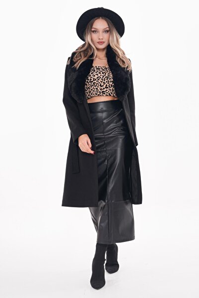 ŞİMAL Kadın Yakası Tüy Detaylı Kaşe Kaban 245346 -