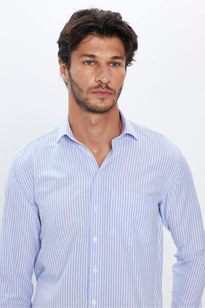 Tudors Мъжка класическа бяла италианска яка риза с дълъг ръкав и раирана класическа кройка