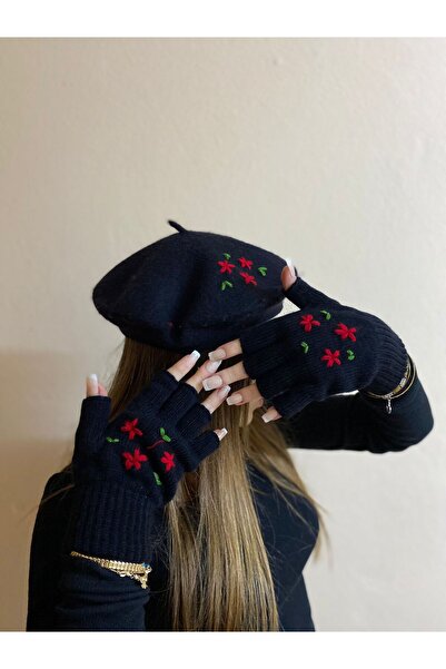 sema aksesuar Handmade Red Floral Embroidered Black French Painter Beret and Fingered Gloves Set - Gift