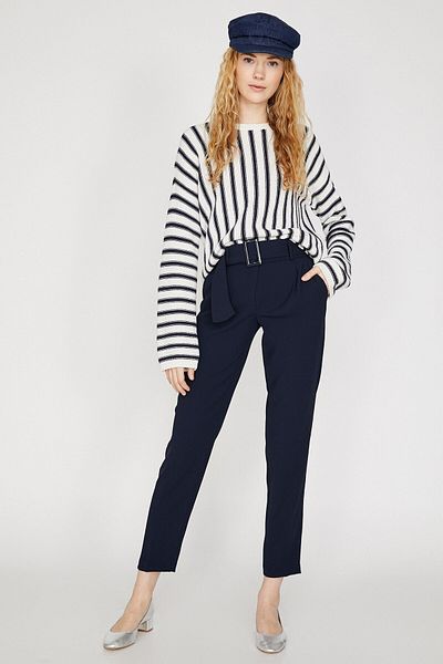 Saade Navy Blue Single Pleated Buckle Belt Regular Waist Fit Mold Woven Pants