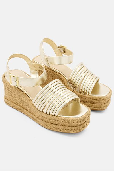 Kenneth Cole Women Medium Shelby Adjustable Buckle Wedges Sandal, Light Gold