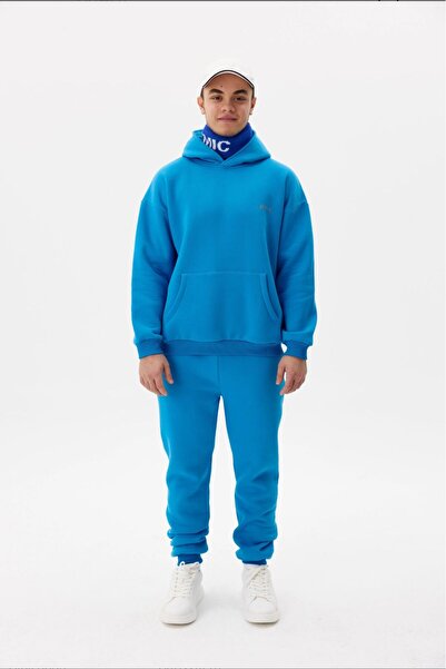FUWEAR Erkek 3 İplik Mavi Kapüşonlu Şardonlu Eşofman Takımı