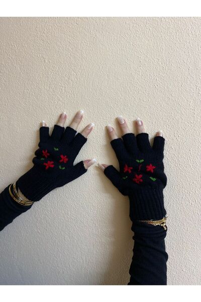 sema aksesuar Handmade Red Floral Embroidered Black French Painter Beret and Fingered Gloves Set - Gift