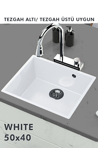 HENASURFACE Granit Eviye Tek Gözlü Beyaz 50x40 Evye Kuvars Tezgah Altına Uygun