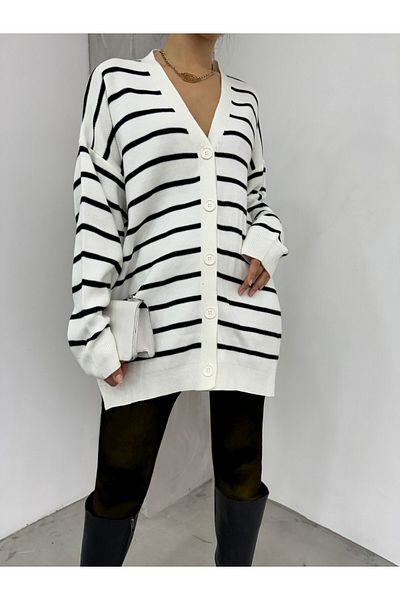 Modamorfo Striped Buttoned V-Neck Sweater Cardigan -Ecru