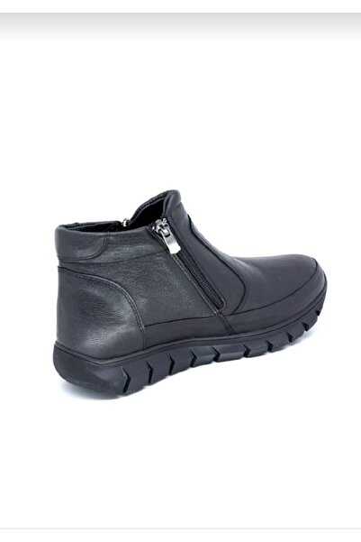Özkan Ayakkabı Hakiki Deri Anne Bot Çift Fermuarlı Siyah Kaymaz Kaucuk Taban
