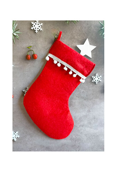 bonvos Yılbaşı Noel Çorabı Kesesi - Kırmızı Keçe, Ponponlu Şömine Süsü 30 cm ...