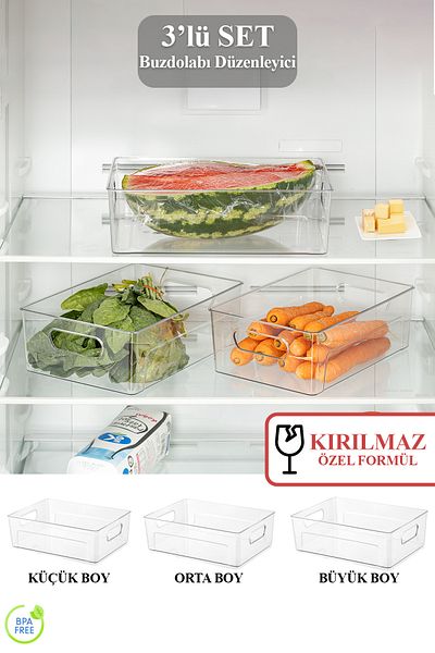 Pazar Kapısı Set of 3 Unbreakable Ultra Durable Refrigerator Organizer Box Transparent