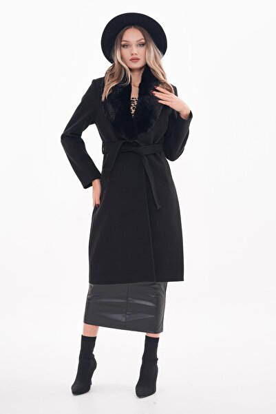 ŞİMAL Women's Cashew Coat with Feather Detail on the Collar 245346   -