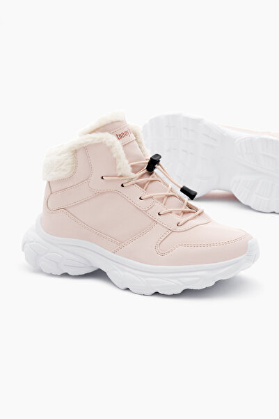 Tonny Black Çocuk Unisex Pudra Faylon Taban İçi Kürklü Lastik Bağcıklı Bot