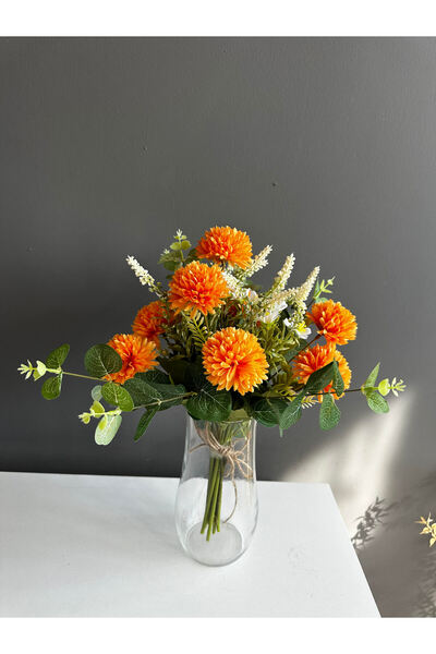 Luvienn Vazo için Turuncu Kasımpatı-Okaliptus Demeti-Vazo Çiçeği