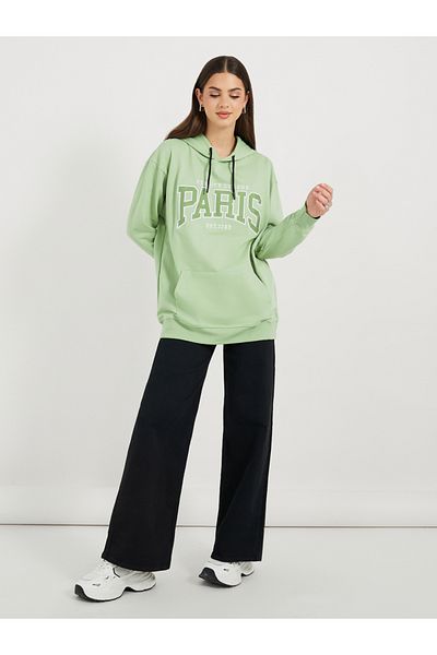 Styli Regular Fit Longline Embroidered Slogan Hoodie