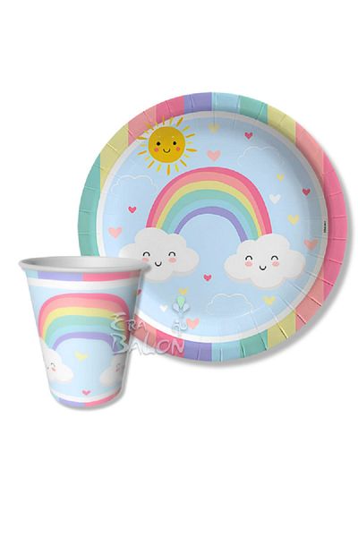turkuaz parti 8-Piece Rainbow Concept Cardboard Plate and Cup Set