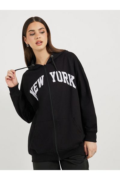 Styli Oversized Zip Through New York Print Hoodie