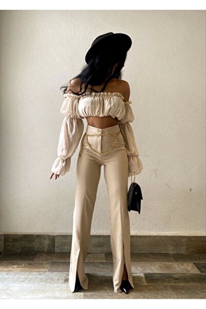 moneta boutique Pantaloni din stofă bej cu talie înaltă - Detaliu cu fante