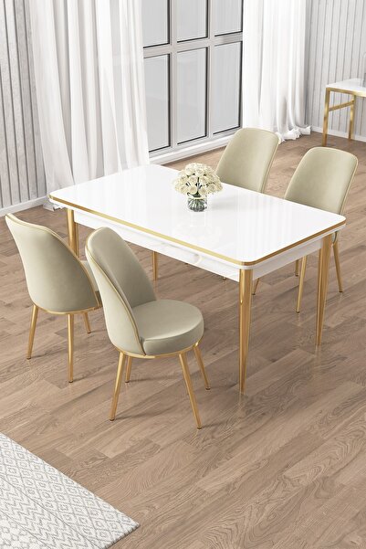 Canisa Rewa Serisi 70x110 Sabit Beyaz Gold Detay Masa Takımı ve 4 Krem Sandalye