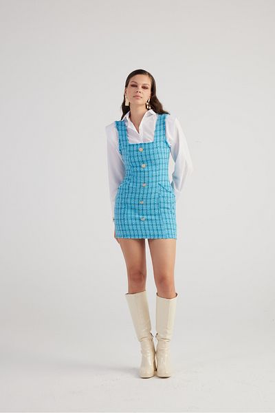 HOLLY LOLLY Rochie mini din tweed albastră cu detaliu cu nasturi metalici