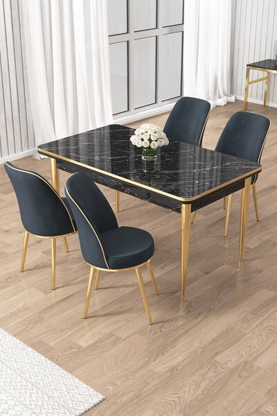 Canisa Rewa Serisi 70x110 Sabit Siyah Mermer Desen Gold Detay Masa Takımı ve ...