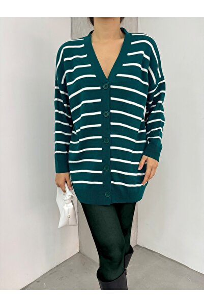 Modamorfo Striped Buttoned V-Neck Knitwear Cardigan - Emerald