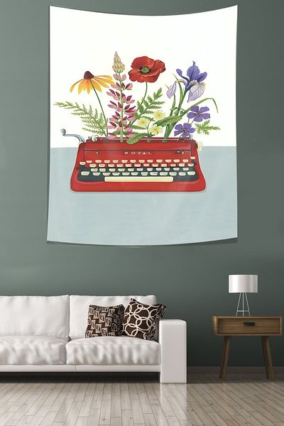 on the clouds Tapiserie pentru mașină de scris cu model floral burgundă - Husă de perete din material textil rezistent la pete