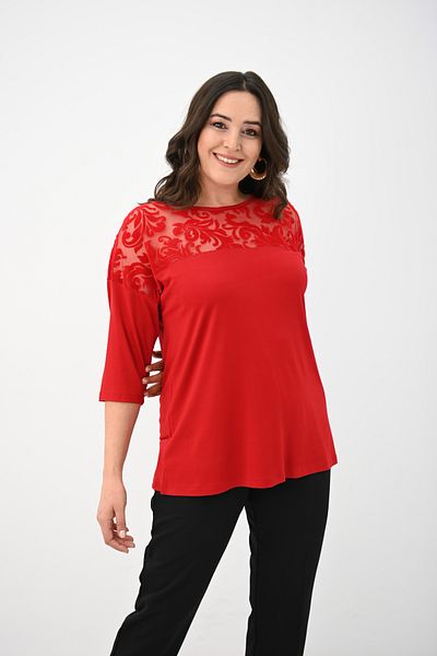 Koza Butik Women's Plus Size Velvet Tulle Detail Blouse 1856-2