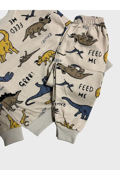 Fil Kids Σετ χειμερινής πιτζάμα με μακρυμάνικο μοτίβο δεινοσαύρων για αγόρια από βαμβακερό καφέ