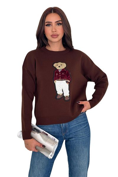 Moda Amore Стилен дамски пуловер от плетени изделия Bear Design - модерен стандартен размер 004