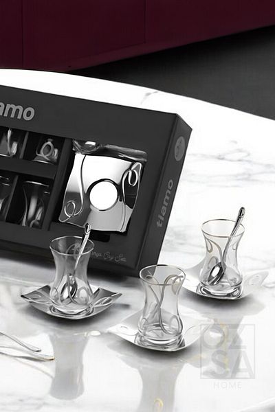 ÖzSa Home Tiamo Inna Premium 18/10 Stainless Steel - 18 Piece Tea Set Tea Cup and Tea Plate