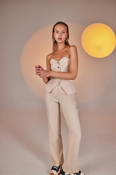 HOLLY LOLLY Pantaloni Panky din țesătură cu talie înaltă, cu butoane, bej