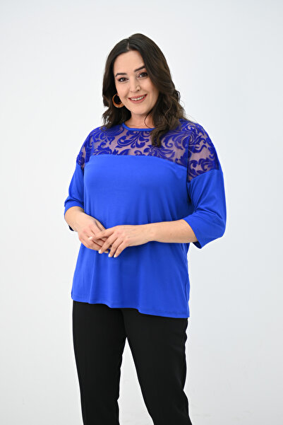 Koza Butik Women's Plus Size Velvet Tulle Detail Blouse 1856-2