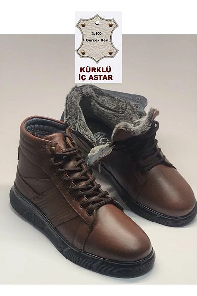 Çobanoğlu Genuine Leather Cold-Proof Furry Winter Tan Men's Boots Rubber Orthopedic Sole