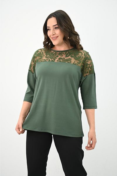 Koza Butik Women's Plus Size Velvet Tulle Detail Blouse 1856-2
