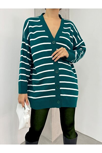 Modamorfo Striped Buttoned V-Neck Knitwear Cardigan - Emerald