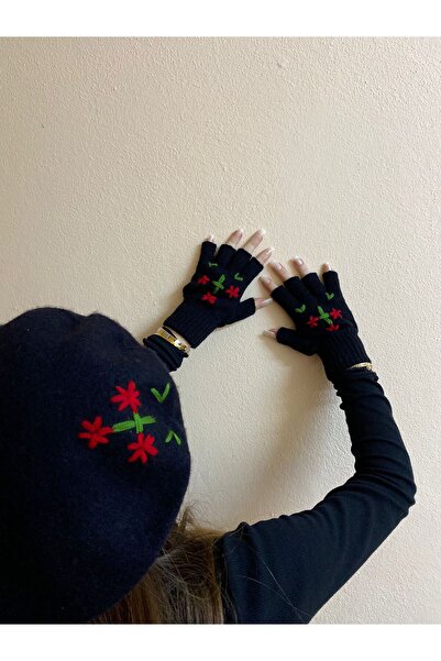 sema aksesuar Handmade Red Floral Leaf Embroidered Black French Painter Beret and Fingers Cut Out Gloves Set