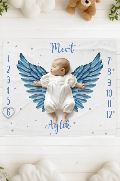 Lilabio %100 Pamuk İsme Özel Bebek Fotoğraf Çekim Anı Örtüsü (120x100 cm) Mavi Kanat