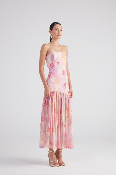 HOLLY LOLLY Pink Rose Patterned Chiffon Vivian Dress - With Guipes and Slits