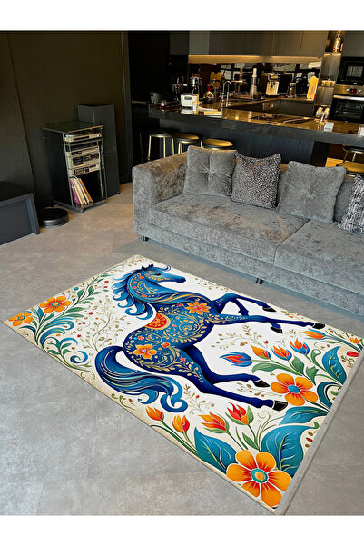 Rugs Modern Halı Özge Koleksiyonu Sarmaşık ve Çiçek Detaylı Mavi At Desenli D...