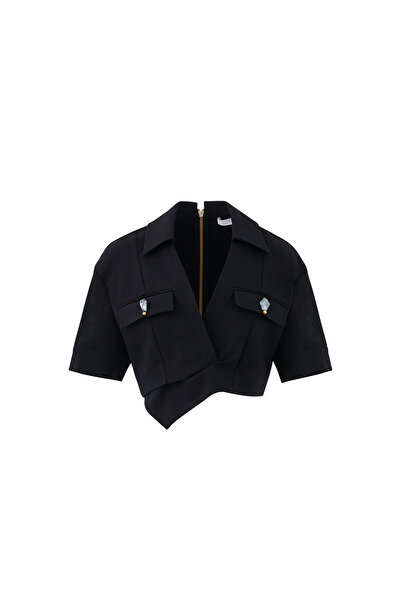GİZİA Doğal Taş Süslemeli Siyah Crop Bluz
