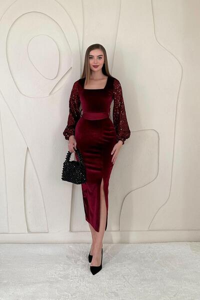 Elbee Fashion Woman Pul Payetli Yırtmaç Detaylı Kadife Elbise