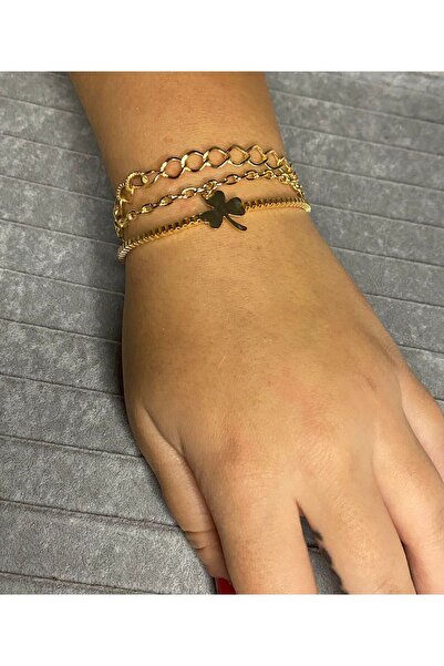 HerşeyVarBurda طقم أساور نسائي مكون من 3 قطع باللونين الذهبي والفضي