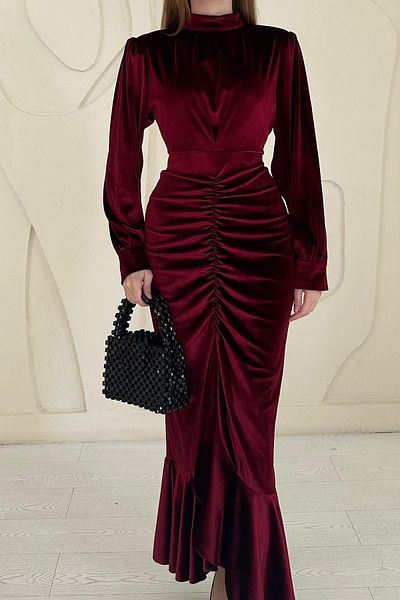 Elbee Fashion Woman Rochie cu guler în picioare adunată în față