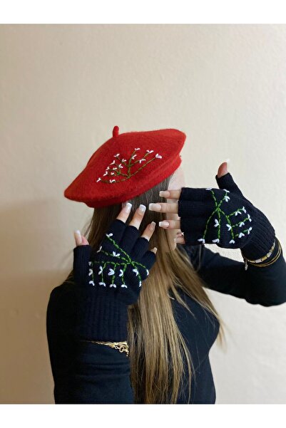 sema aksesuar Handmade Floral Embroidered Red French Painter Beret and Black Fingers Cut Out Gloves Set - Gift