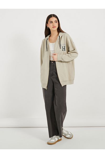 Styli Oversized Longline Zip Through Slogan Hoodie